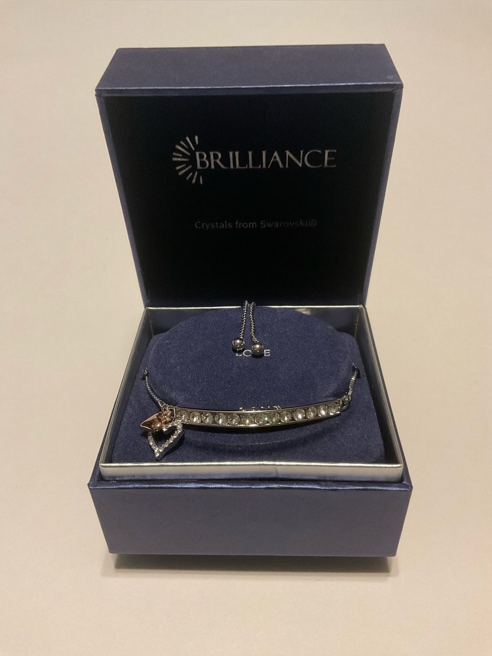 Brilliance Adjustable Bolo Box Chain Bracelet Heart Dangle Charm Crystal